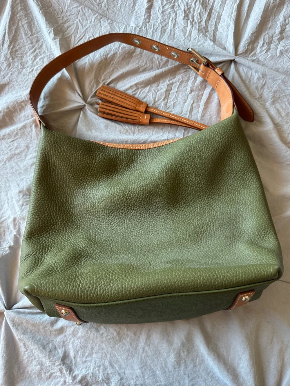 Dooney and Burke Olive Green Leather Hobo Bag with Tan Trim